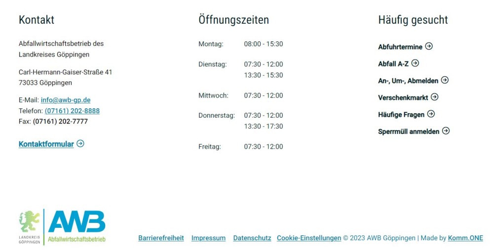 Unterer Bereich mit Kontakt, Öffnungszeiten, häufig gesuchten Seiten