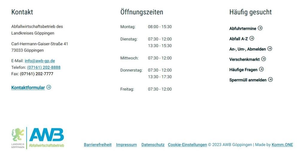 Unterer Bereich mit Kontakt, Öffnungszeiten, häufig gesuchten Seiten