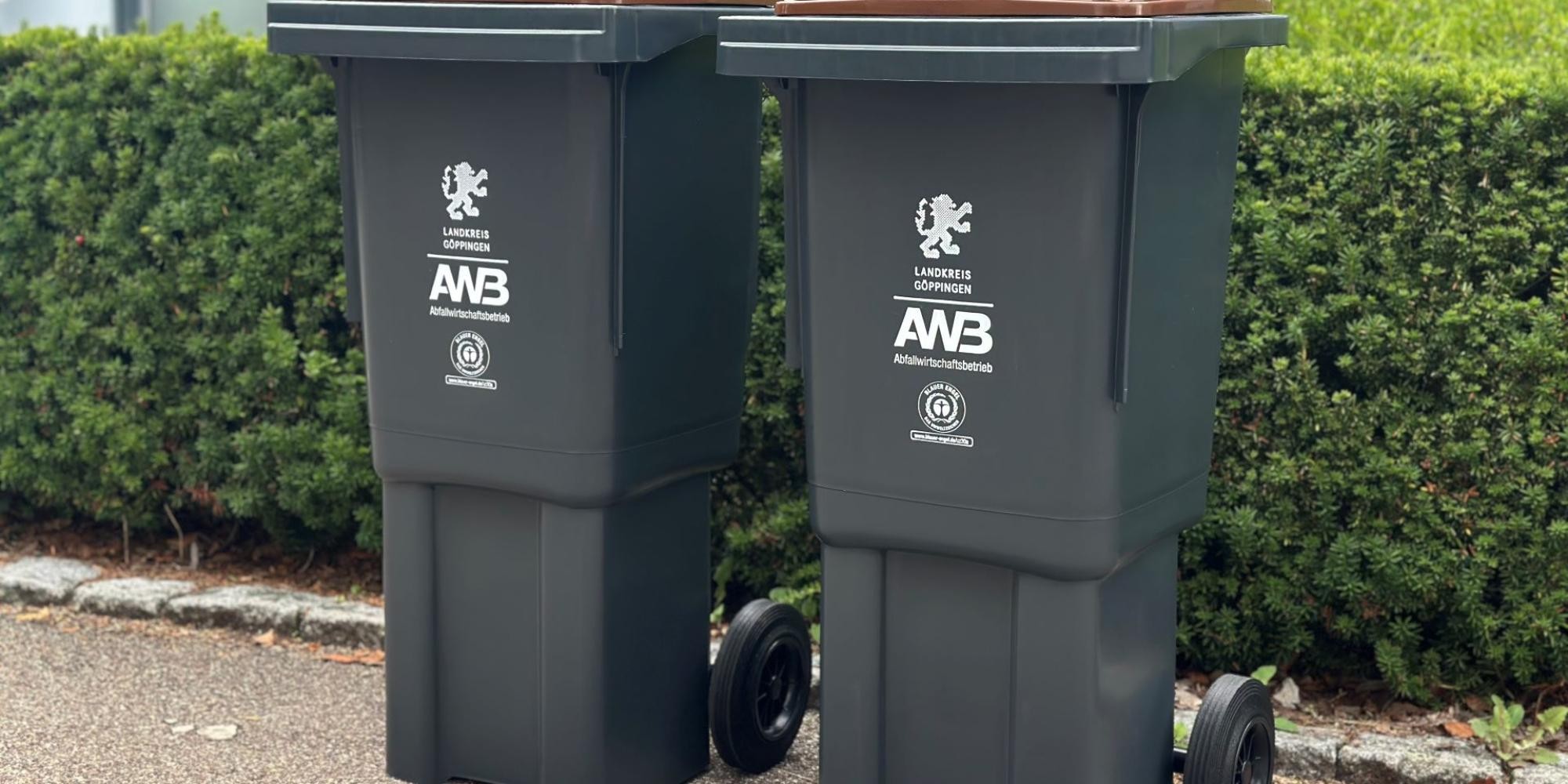 Zwei KüchenBio-Tonnen stehen vor einer Hecke.