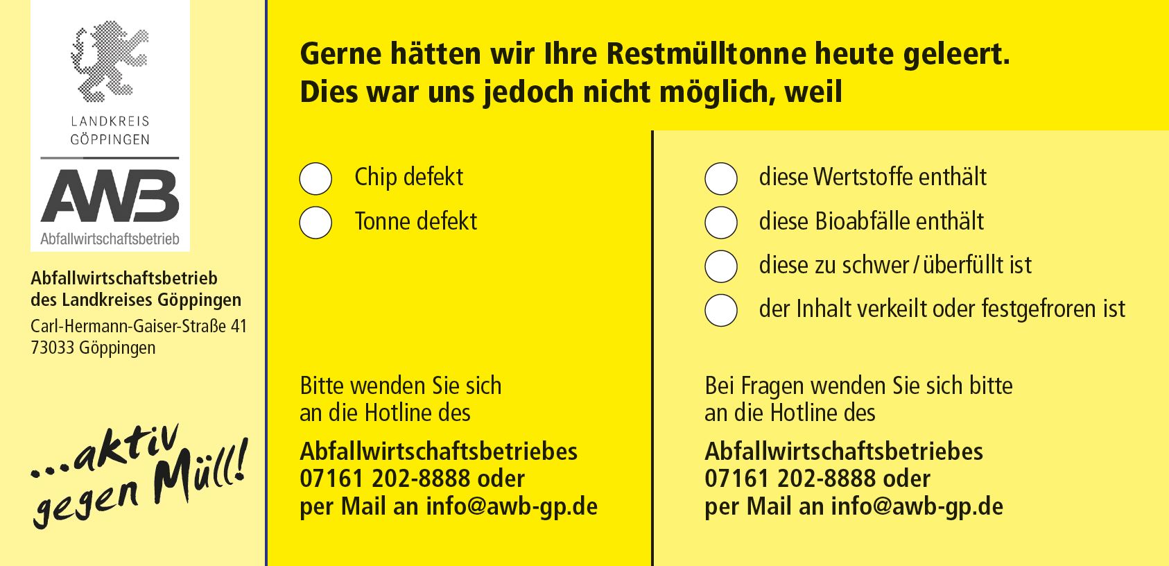 gelber Aufkleber für Reklamationen bei der Restmüllabfuhr