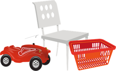 Illustration von Bobbycar, Plastikstuhl und Wäschekorb